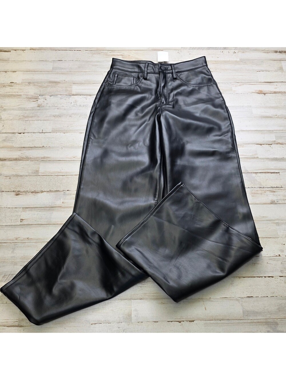Good American Faux Leather Pants Women's 4/27 Black Wide Leg High Shine Trousers